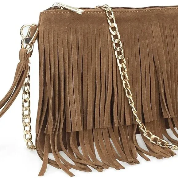 Fringe Cross Body Bag Faux Leather Suede Small Shoulder Wristlet - Picture 1 of 7